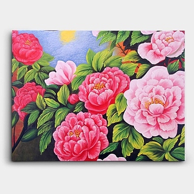 붉은색과 분홍색의 모란꽃을 형형색색 표현한 그림 70X50CM 유화