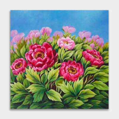 유화로 그린 붉은색과 분홍색의 모란꽃 그림의 이미지