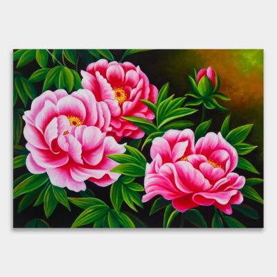 큼지막한 분홍 모란꽃 세송이를 그린 그림